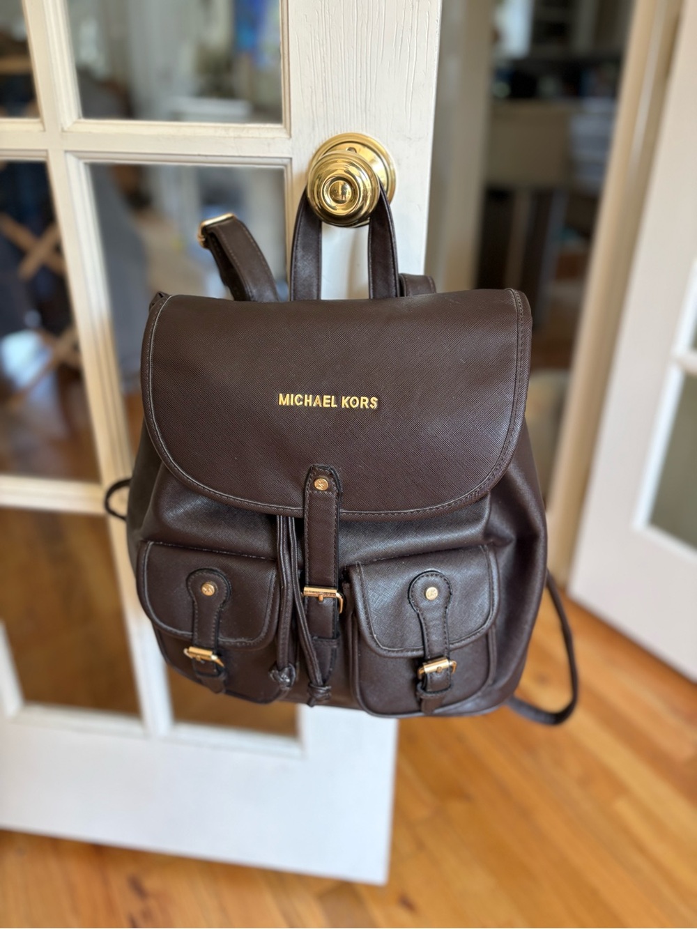 Michael Kors Dark Brown Chocolate Leather Backpack with Gold Hardware